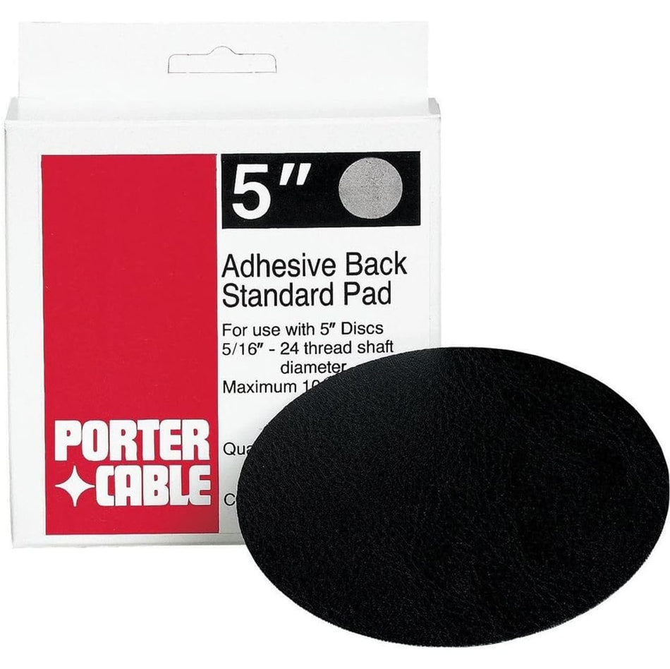 Product packaging box for the PORTER-CABLE 13700 5-inch adhesive back standard sander pad accessory next to the flat black rubber face of the replacement backing disc.