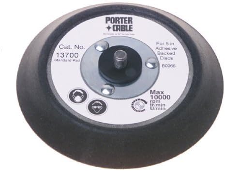 The reverse side of the PORTER-CABLE 13700 sander pad, displaying the metal mounting plate with a 5/16-24 threaded shaft, safety icons, and a maximum rating of 10,000 RPM.