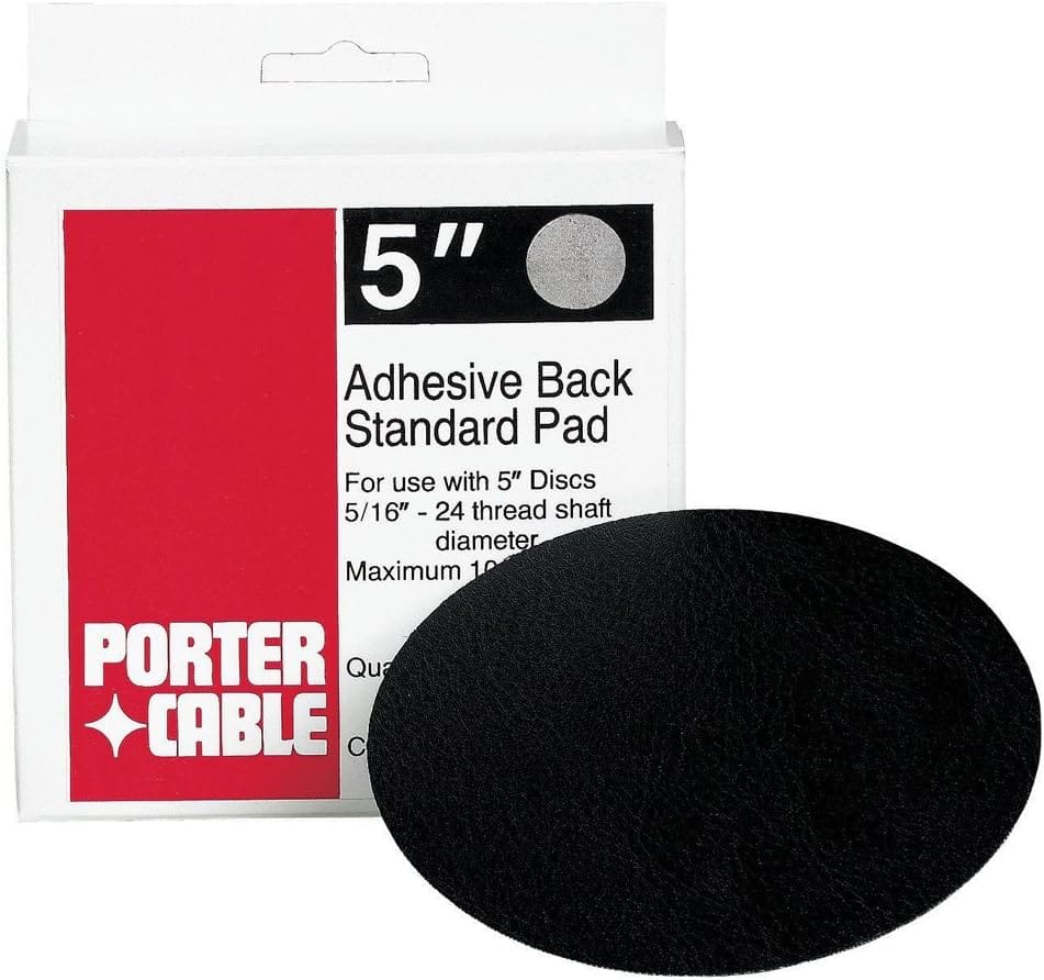 The retail box for the PORTER-CABLE 5-inch pressure-sensitive adhesive-backed replacement sander pad shown alongside the solid black texture of the mounting face.