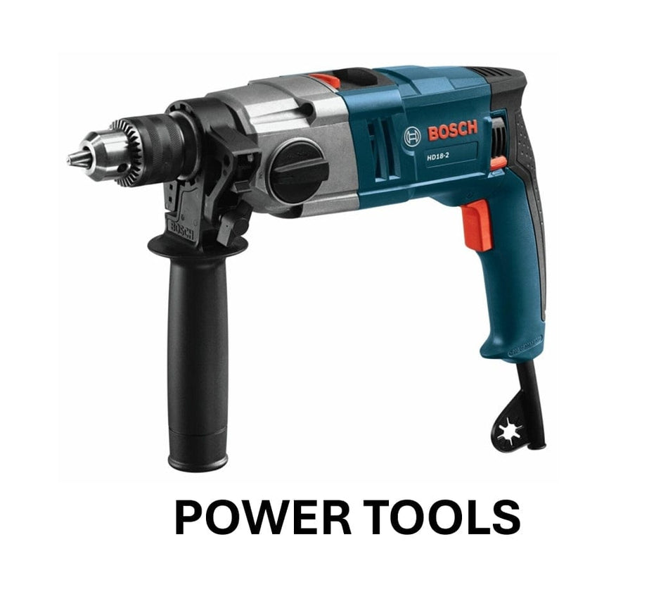 Blue and black Bosch corded electric drill with side handle and red trigger on white background