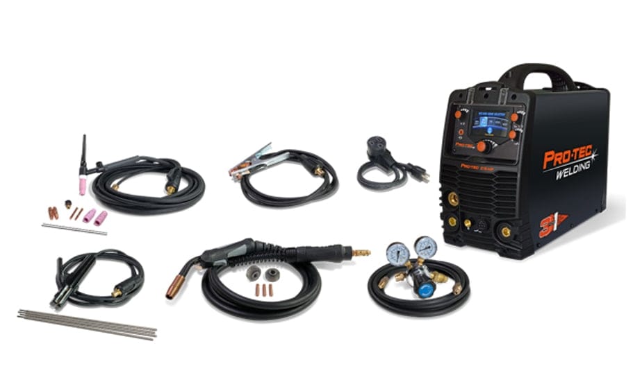 Full kit display showing the black PRO-TEC 215MP welder and all included accessories laid out around it, such as the MIG gun, TIG torch, ground clamp, electrode holder, and argon regulator.