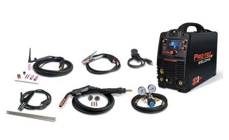 Full kit display showing the black PRO-TEC 215MP welder and all included accessories laid out around it, such as the MIG gun, TIG torch, ground clamp, electrode holder, and argon regulator.