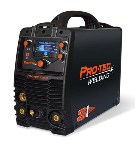 Front three-quarter view of the black PRO-TEC 215MP multi-process welder unit, showing the handle, digital control panel, and front ports.