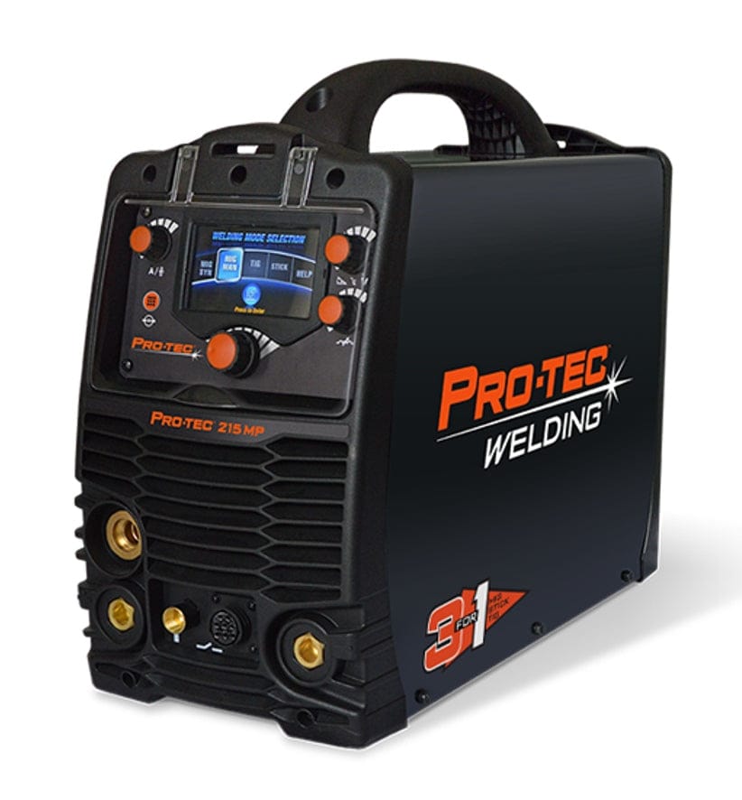Front three-quarter view of the black PRO-TEC 215MP multi-process welder unit, showing the handle, digital control panel, and front ports.