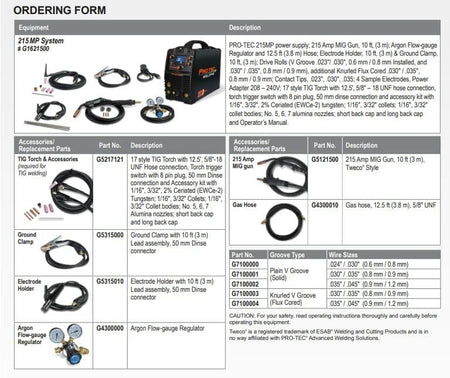 Ordering form and technical diagram detailing the accessories included with the PRO-TEC 215MP welding system, including the MIG gun, TIG torch, and Argon flow regulator.