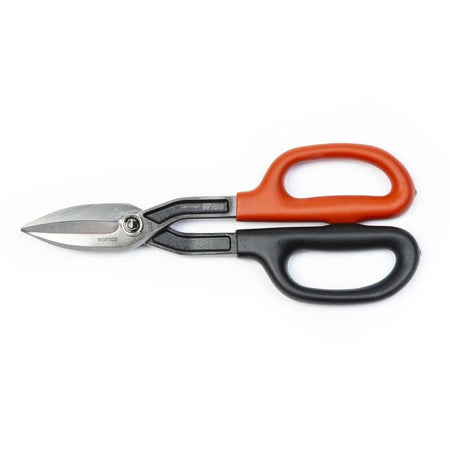Top-down profile of the Crescent Wiss WDF10S 10-inch straight pattern drop forged steel tinner snips in a closed position, featuring heavy-duty blades and orange and black cushion grips for HVAC sheet metal cutting.