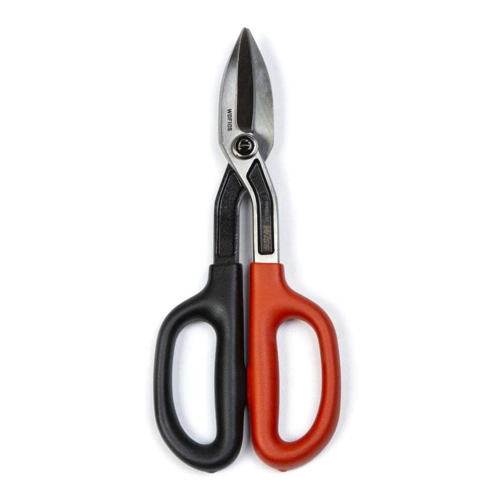 Vertical top-down view of the Crescent Wiss WDF10S 10-inch straight pattern tinner snips in a closed position, showcasing the precision-ground drop forged steel blades pointing upward and ergonomic double loop handles.