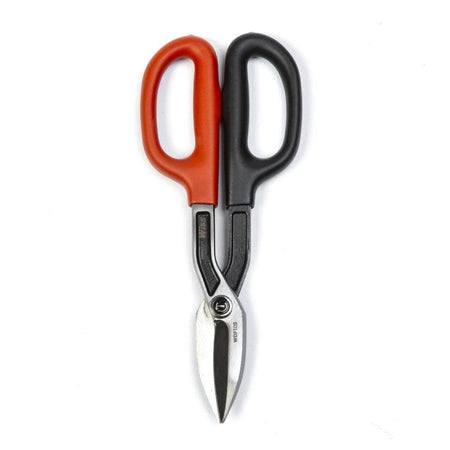 Overhead view of the Premium Crescent Wiss WDF10S straight pattern tinner snips slightly open, displaying the hot drop-forged steel cutting edges ready for heavy-duty sheet metal fabrication.