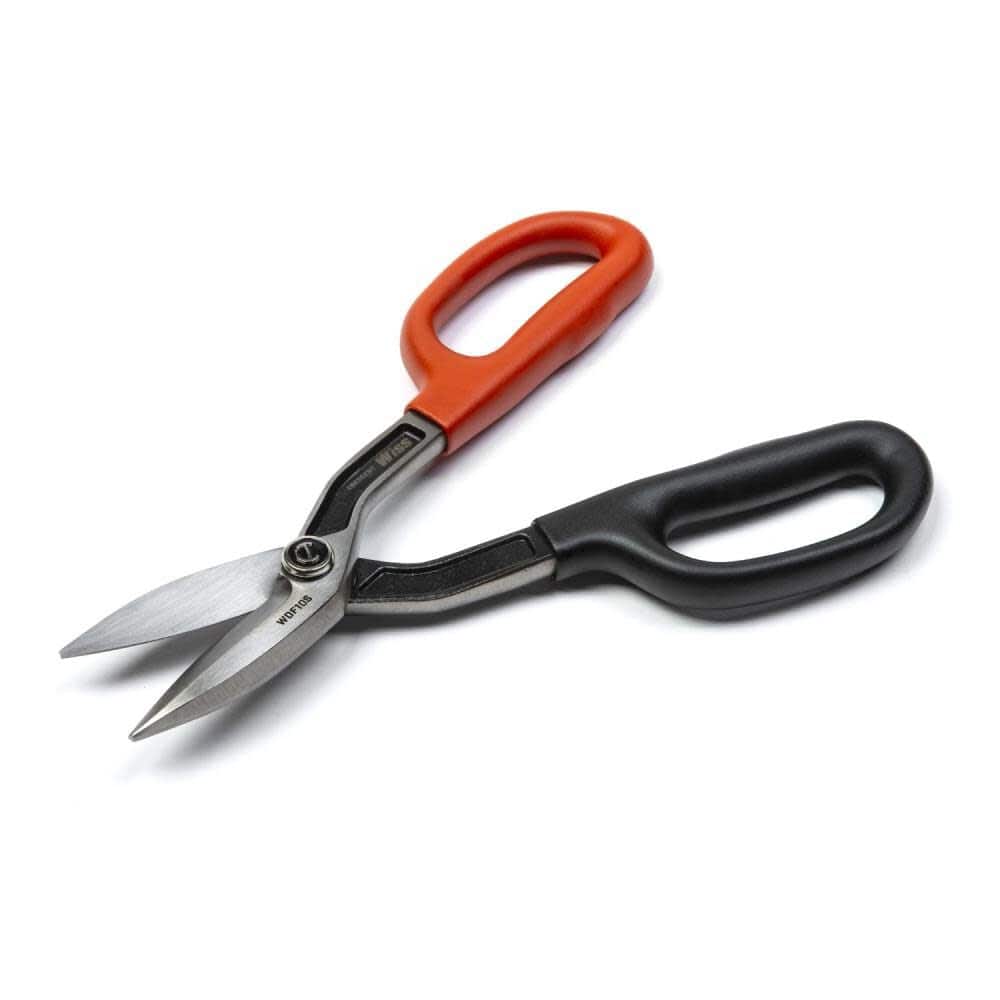 Angled side perspective of the Crescent Wiss WDF10S 10-inch drop forged steel tinner snips in an open cutting position, highlighting the through-broached pivot bolt and comfortable torque control handle rings.