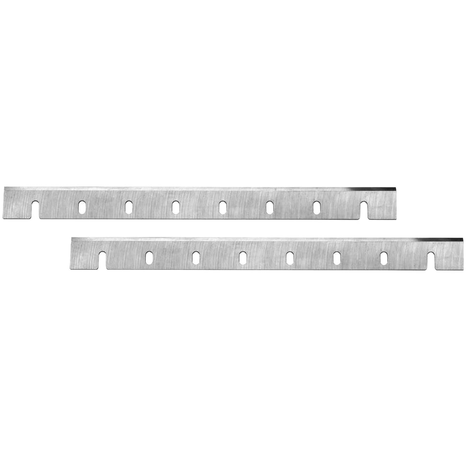 Two straight-back DEWALT DW7332 12-1/2 inch high speed steel replacement planer knives showcasing the mounting holes and sharp cutting edges.