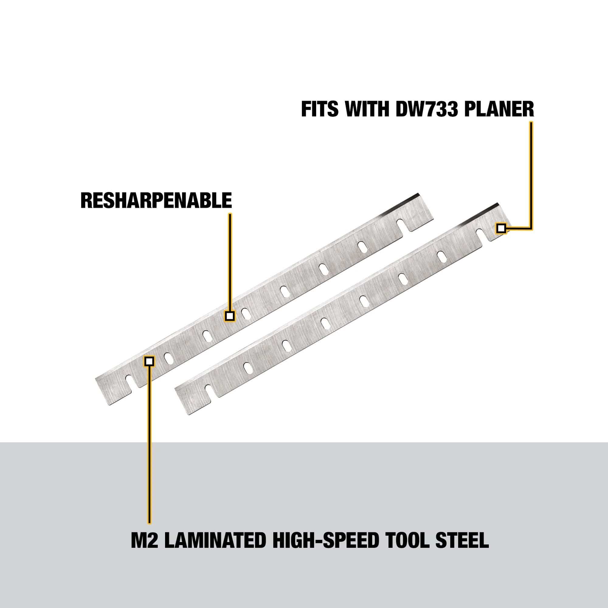 Features diagram of the DEWALT DW7332 12-1/2 inch replacement planer knives highlighting their M2 laminated high-speed tool steel construction, resharpenable edge, and precise compatibility.