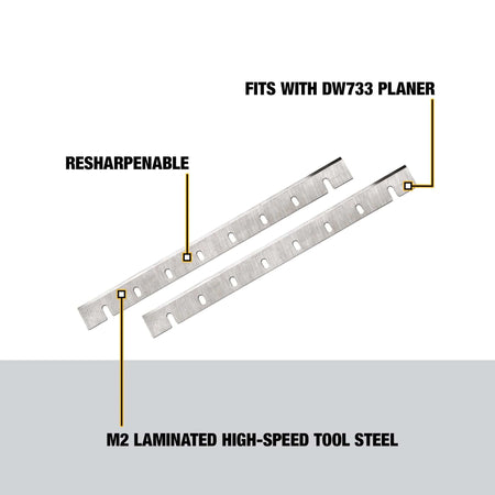 Features diagram of the DEWALT DW7332 12-1/2 inch replacement planer knives highlighting their M2 laminated high-speed tool steel construction, resharpenable edge, and precise compatibility.