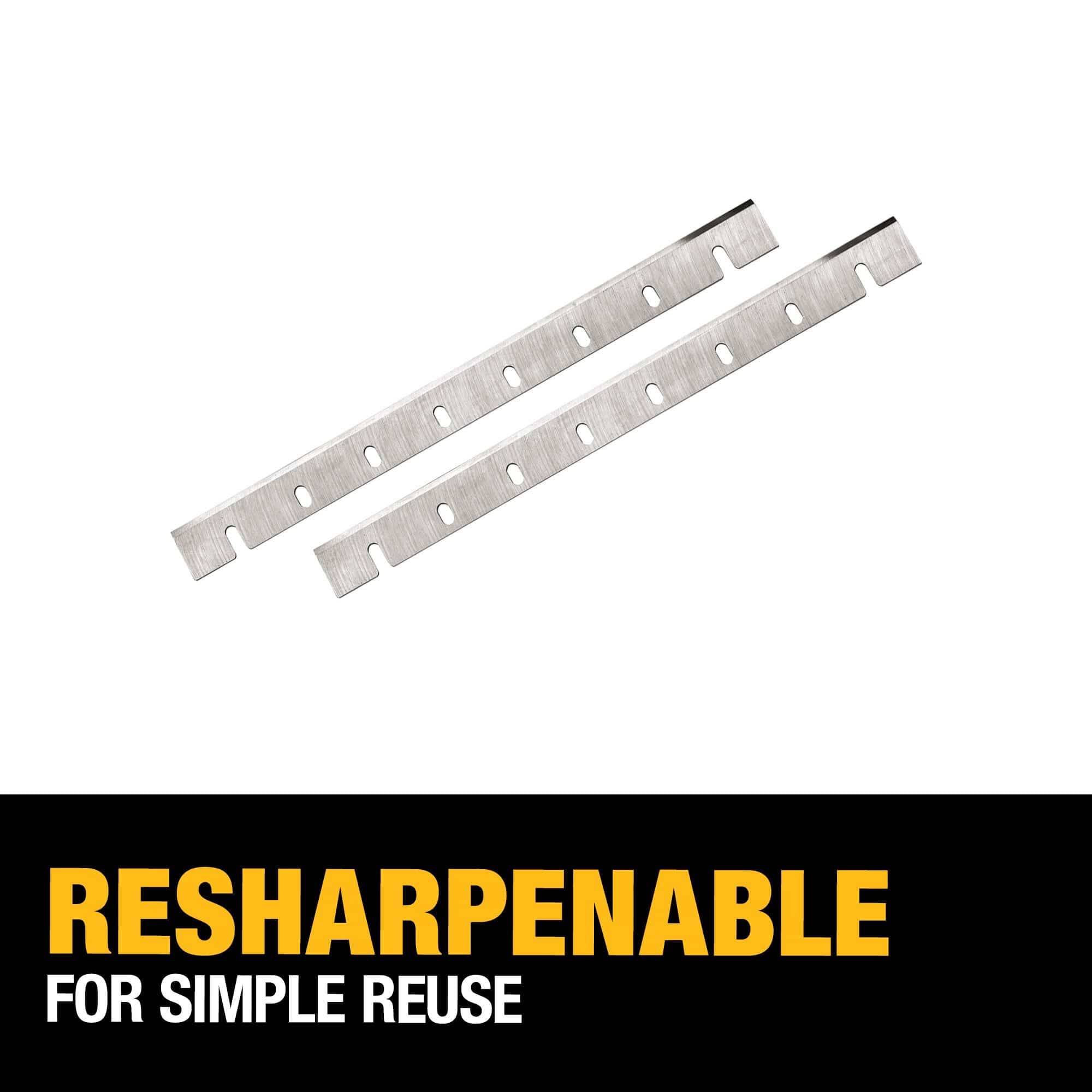 Two DEWALT DW7332 M2 HSS replacement planer blades angled against a white background with a graphic overlay stating resharpenable for simple reuse.