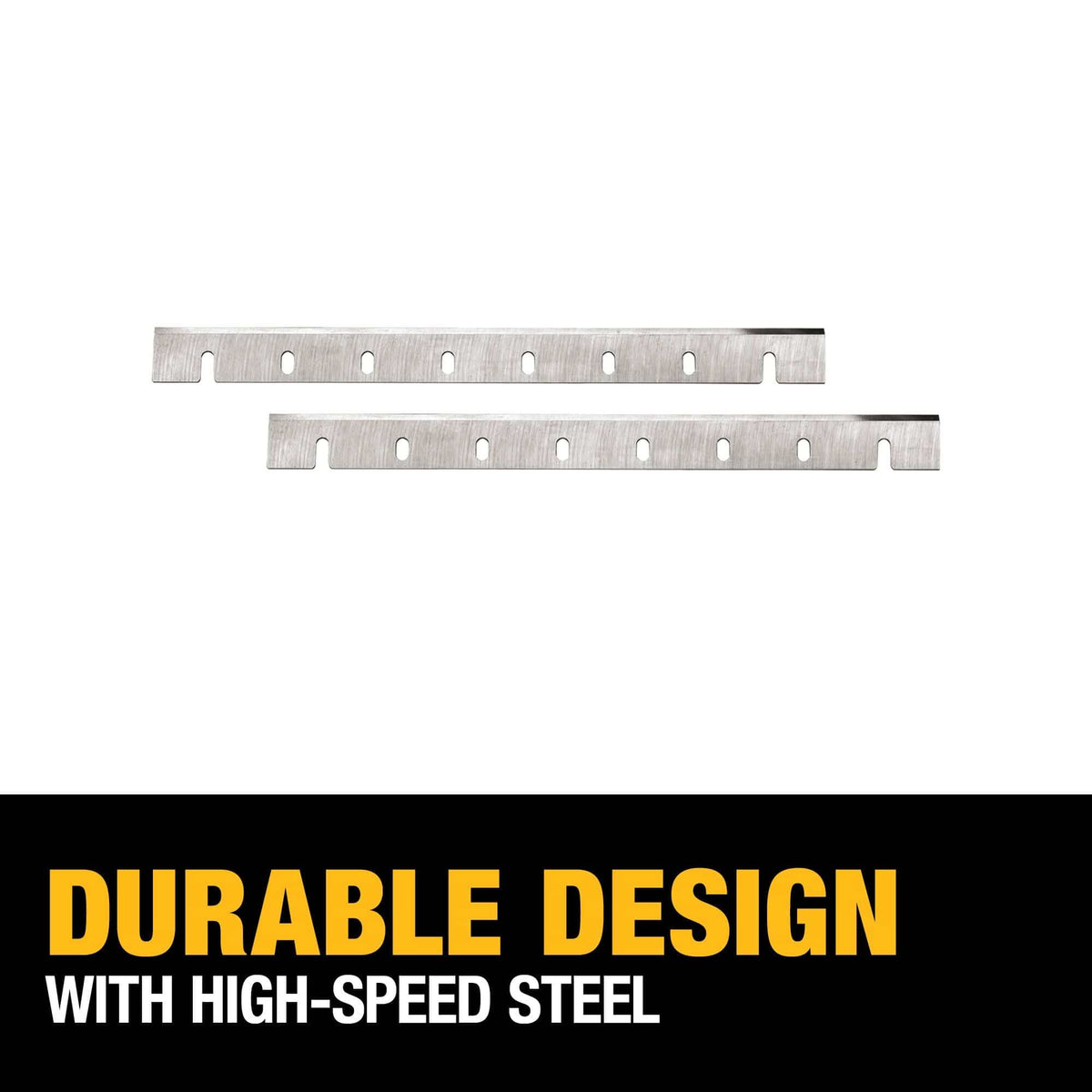 Two DEWALT DW7332 high speed steel 12-1/2 inch planer knives with a graphic overlay emphasizing their durable design with high-speed steel for woodworking and carpentry.