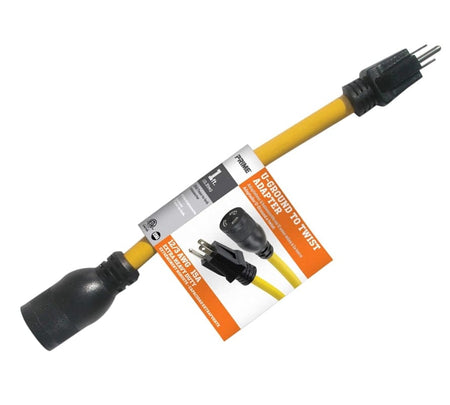 Top-down view of the packaged adapter showing the male U-ground plug, yellow cable, female twist-lock connector, and informative retail tag.
