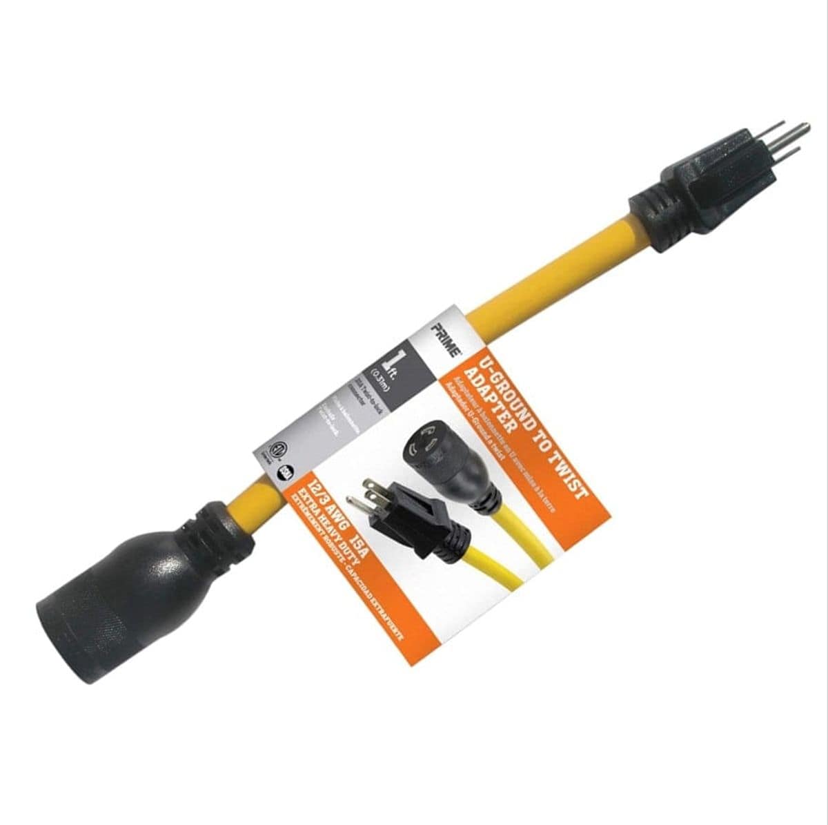 Top-down view of the packaged adapter showing the male U-ground plug, yellow cable, female twist-lock connector, and informative retail tag.