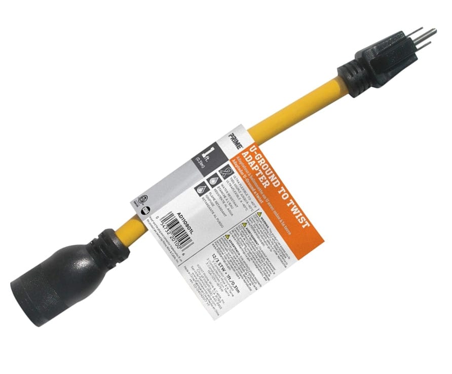 Angled view of the adapter with a white and orange product tag wrapped around the yellow cord displaying safety icons and specifications.