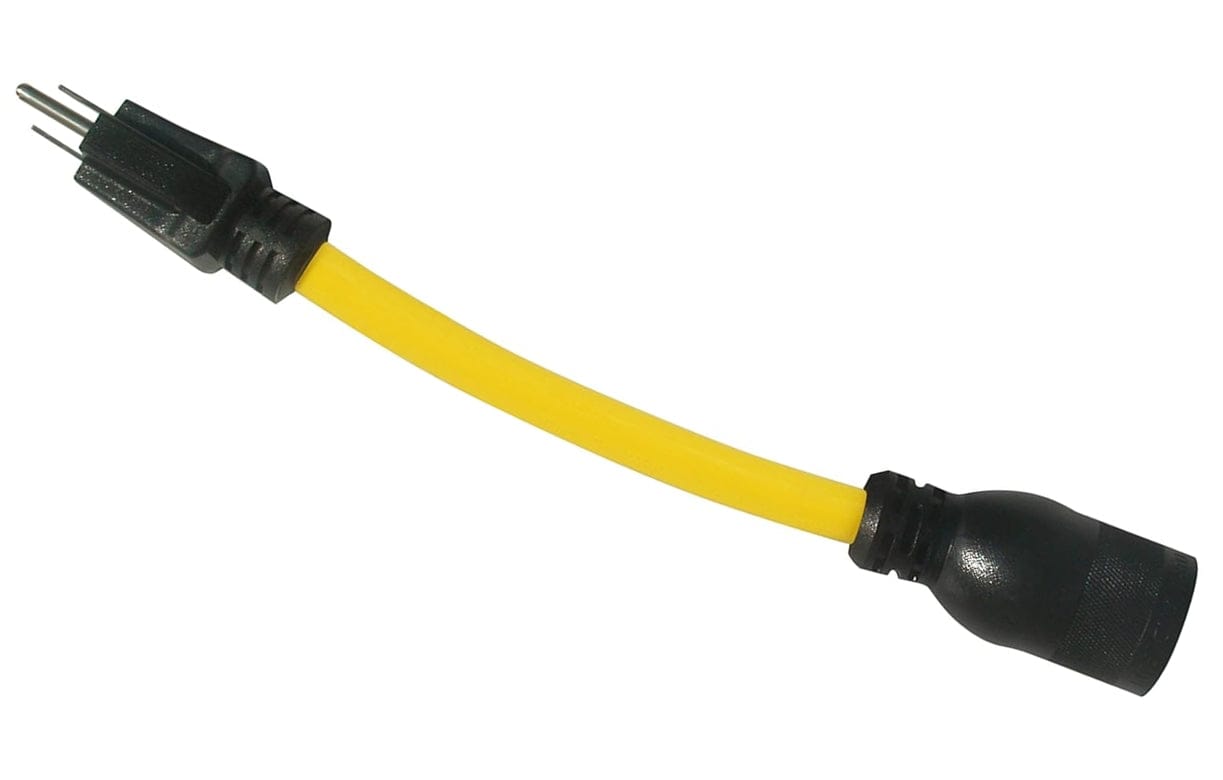 Studio shot of the yellow adapter cable with a standard male plug on one end and a black twist-lock female connector on the other.