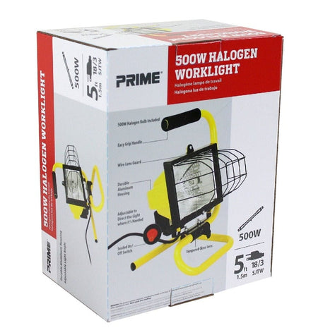Retail packaging for the Prime 500W Halogen Worklight featuring product images, specifications, and key features like the 5 foot cord.