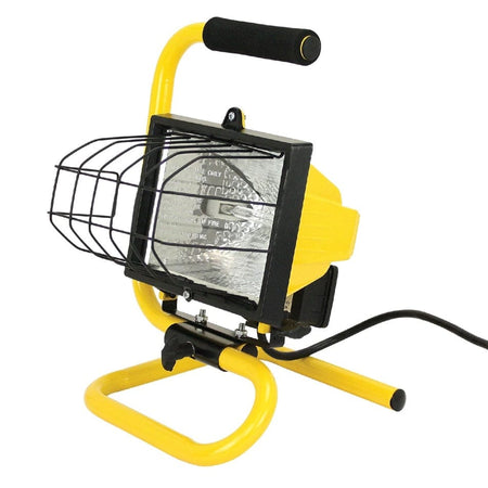 Front quarter view of the Prime 500 watt work light displaying the wire safety grill, tempered glass lens, and halogen bulb.