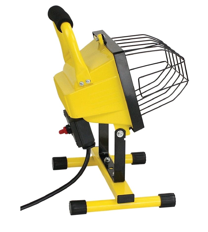 Rear quarter view of the yellow work light showing the heavy duty housing, black foam grip handle, and adjustable S-stand base.