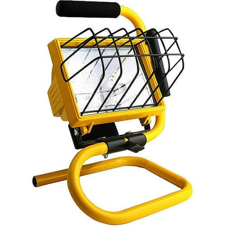 Close up front view of the work light head tilted upward showing the protective metal grill and textured internal reflector.