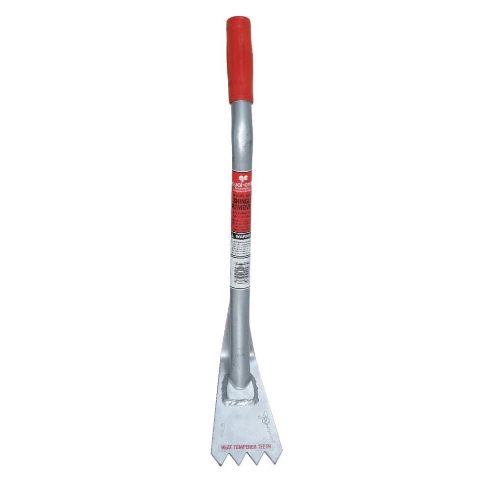 Full length studio view of the Qual-Craft 2563 classic shingle remover featuring a short steel handle with a red vinyl grip and a serrated heat tempered steel head.