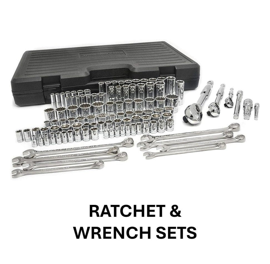 A Gearwrench chrome ratchet and wrench set on a white background.