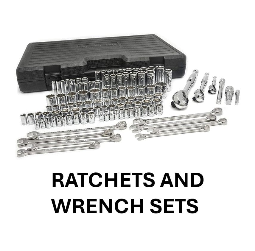 Set of ratchets and wrenches with a black case on a white background