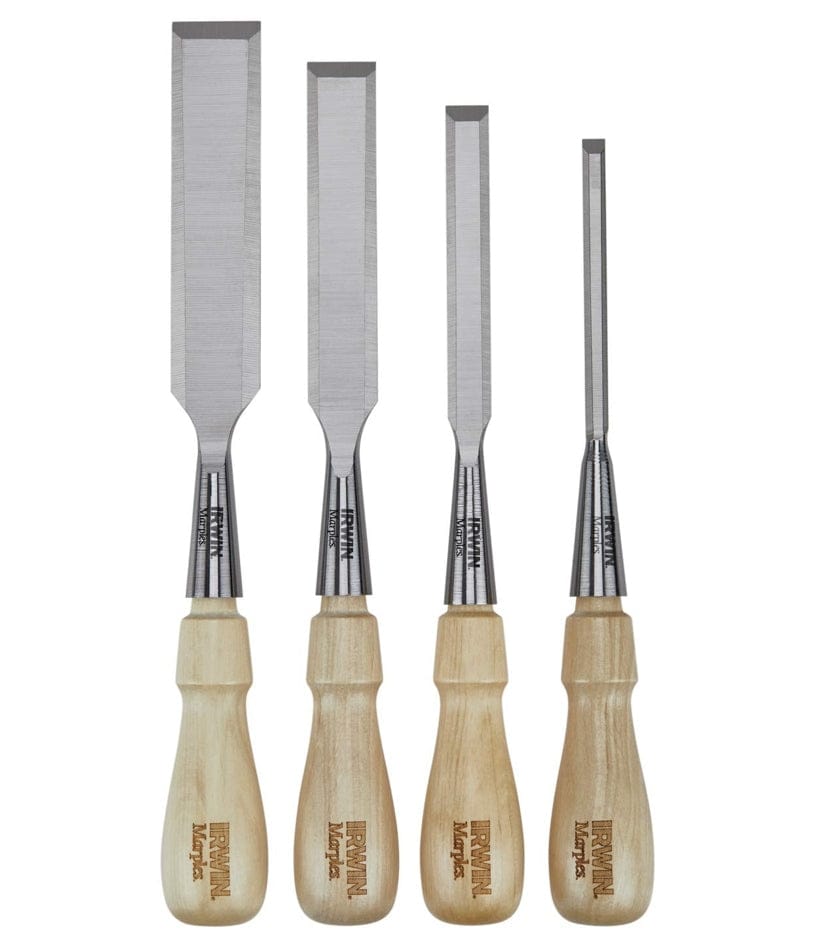 Studio lineup of the four IRWIN MARPLES wood chisels, showing the varying widths of the high-carbon chrome steel blades and the hornbeam wood handles