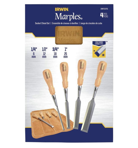 Retail packaging graphic for the IRWIN Marples 4-piece Socket Chisel Set, listing included sizes (1/4, 1/2, 3/4, 1 inch) and High-Carbon Chrome Steel blade material