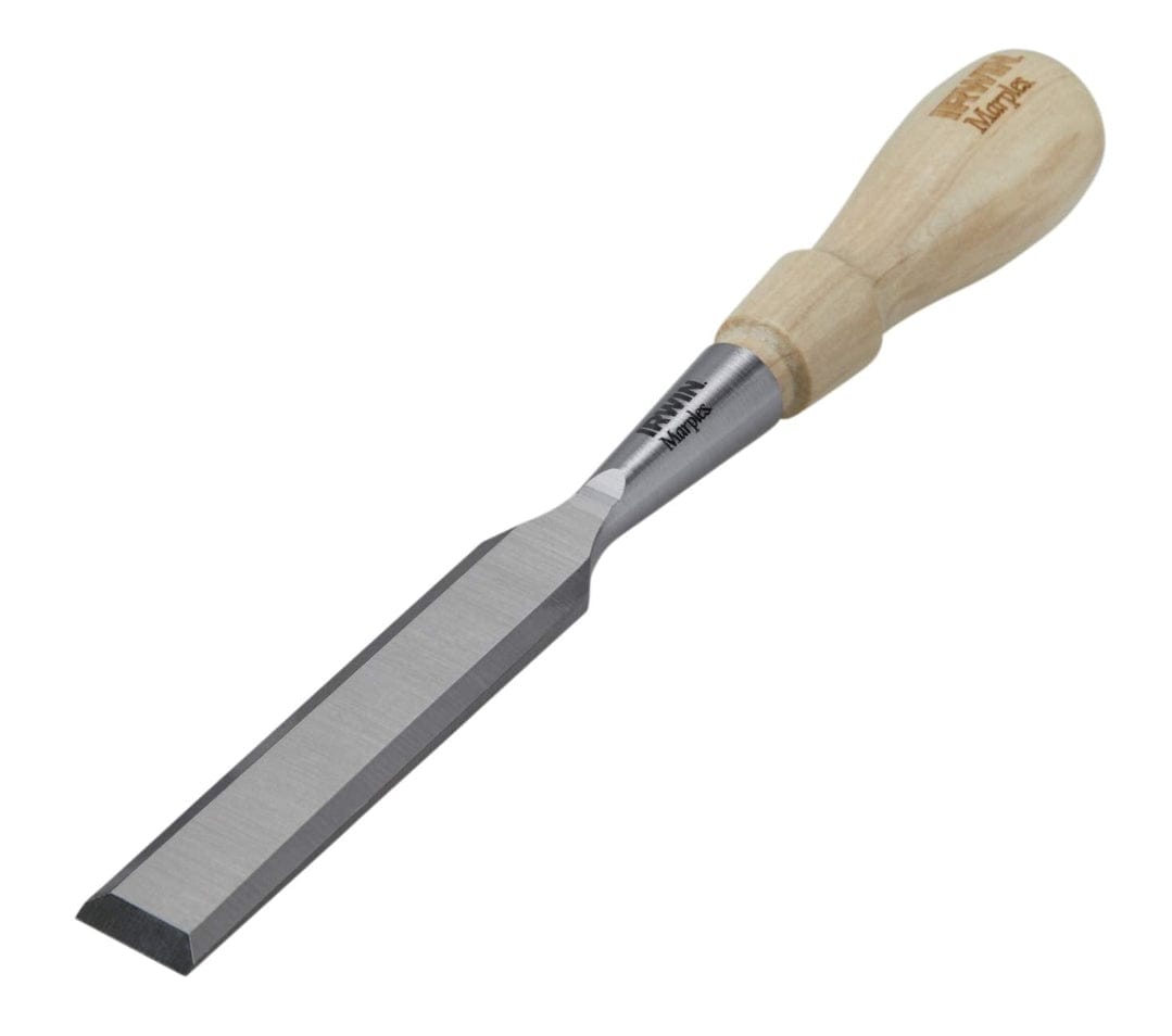 Close-up view of a single IRWIN MARPLES wood chisel, highlighting the tapered bevel edge of the high-carbon steel blade and the durable hornbeam handle