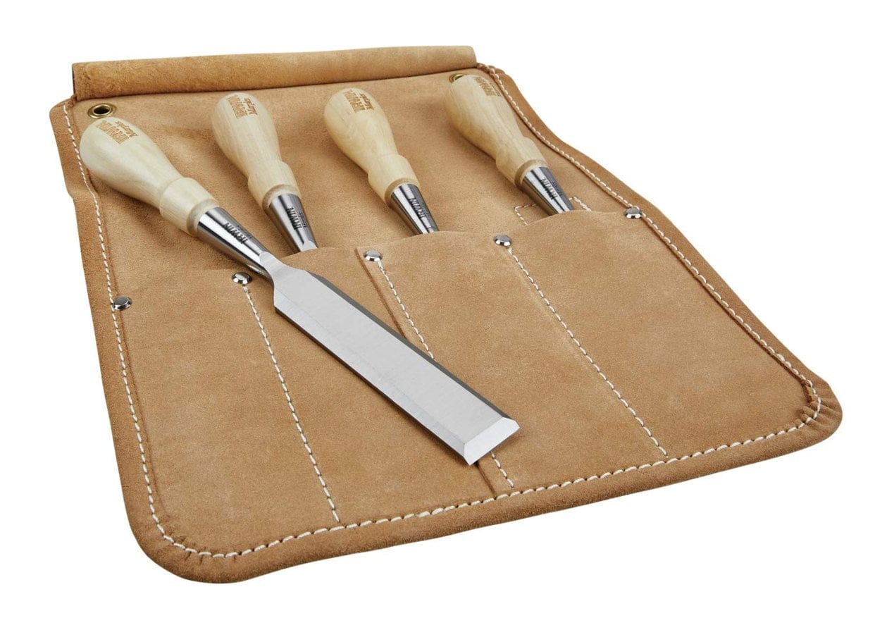 The IRWIN MARPLES 4-piece wood chisel set displayed partially opened in the included high-quality leather roll/pouch, showcasing the hornbeam handles and chrome steel blades