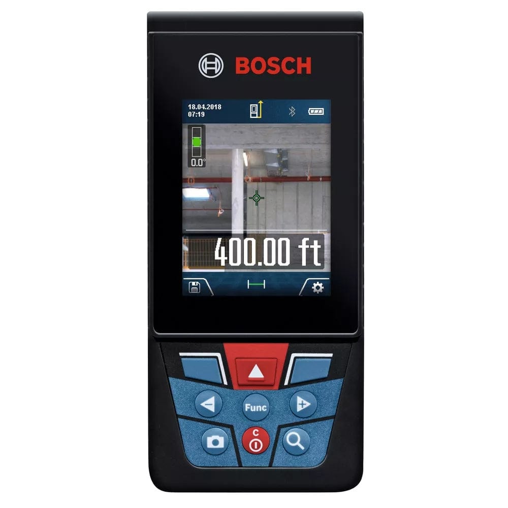 Bosch laser distance measurer screen shows a 400.00-foot measurement and a visual of an indoor space with beams and pipes. Interface includes camera view, settings, and navigation buttons like “Func” and directional arrows.