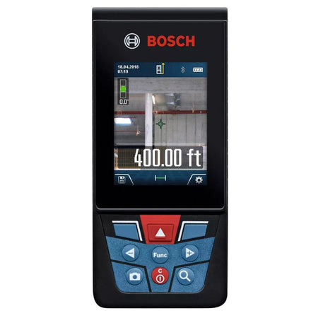 Bosch laser distance measurer screen shows a 400.00-foot measurement and a visual of an indoor space with beams and pipes. Interface includes camera view, settings, and navigation buttons like “Func” and directional arrows.