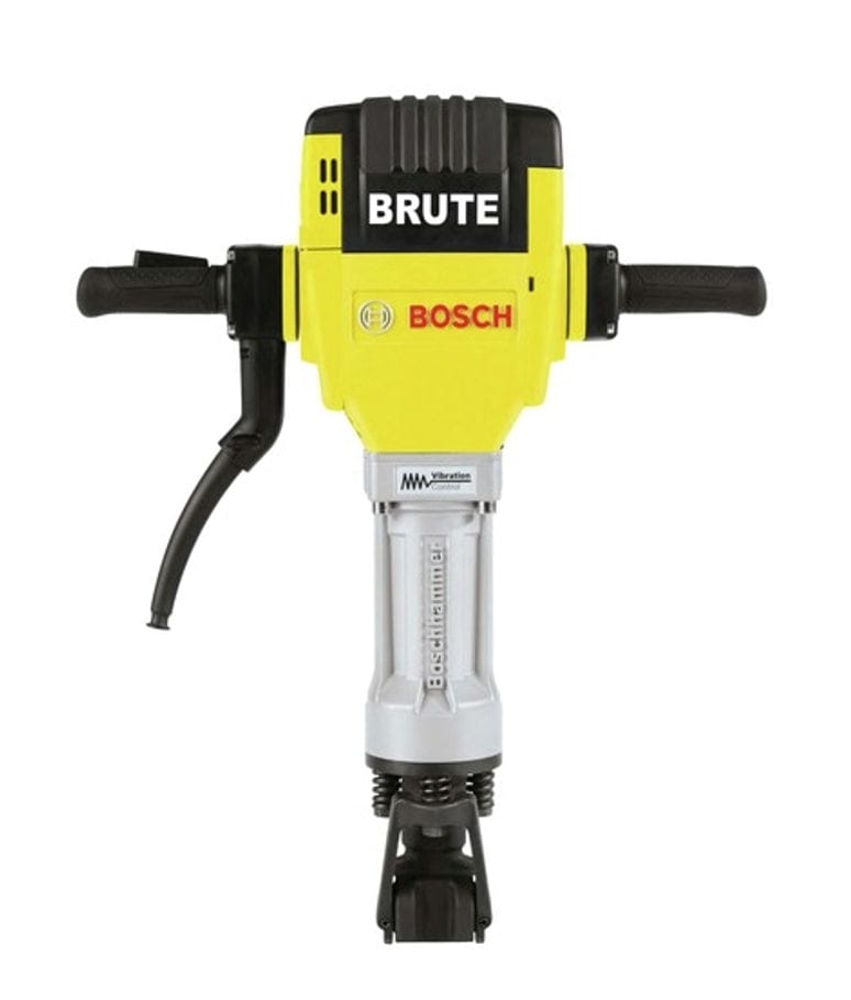 Bosch Brute electric jackhammer with dual handles, yellow housing, and Boschhammer label for industrial demolition tasks.