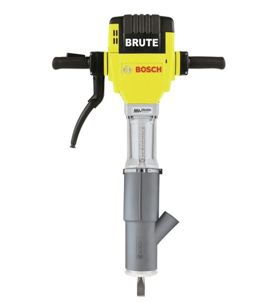 Bosch Brute breaker hammer with yellow body, black handles, and chisel bit for concrete demolition and heavy-duty use.