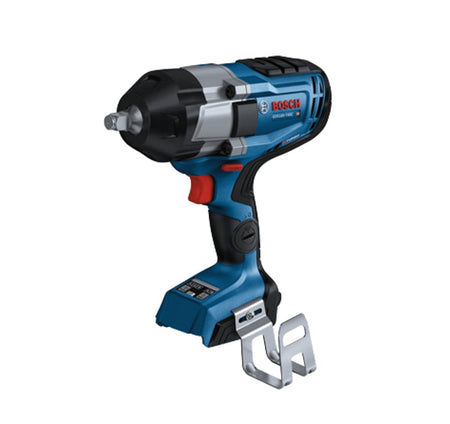 Bosch GDS 18V-1000 C cordless impact wrench with metal anvil, red trigger, and belt clip, designed for high-torque automotive and construction tasks.