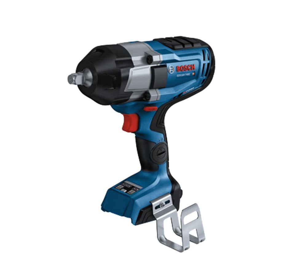 Bosch GDS 18V-1000 C cordless impact wrench with metal anvil, red trigger, and belt clip, designed for high-torque automotive and construction tasks.