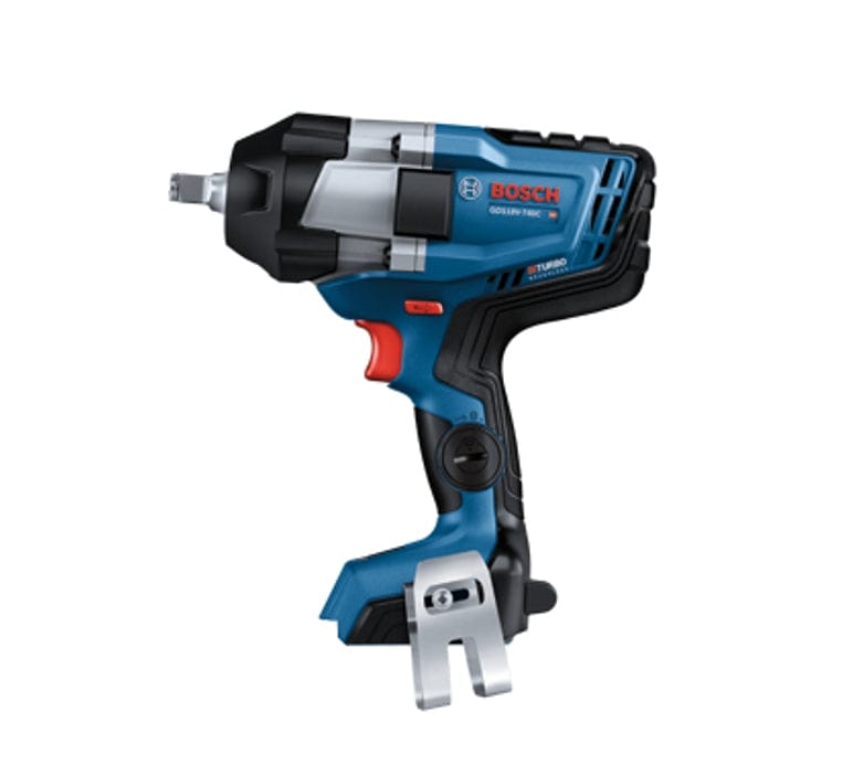 Bosch GDS 18V-1050 H cordless impact wrench with BITURBO Brushless design, shown with square drive, belt clip, and ergonomic grip for heavy-duty use.