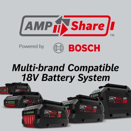 AMPShare advertisement showing multiple 18V batteries from different brands, highlighting Bosch-powered multi-brand compatibility for cordless tools.