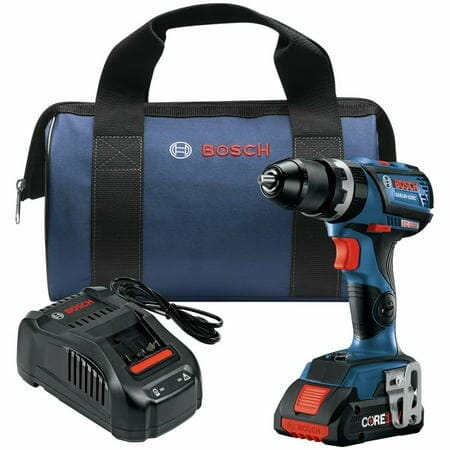 The complete reconditioned Bosch hammer drill kit, including the GSB18V-535C drill, an 18V battery charger, and the blue Bosch contractor tool bag.