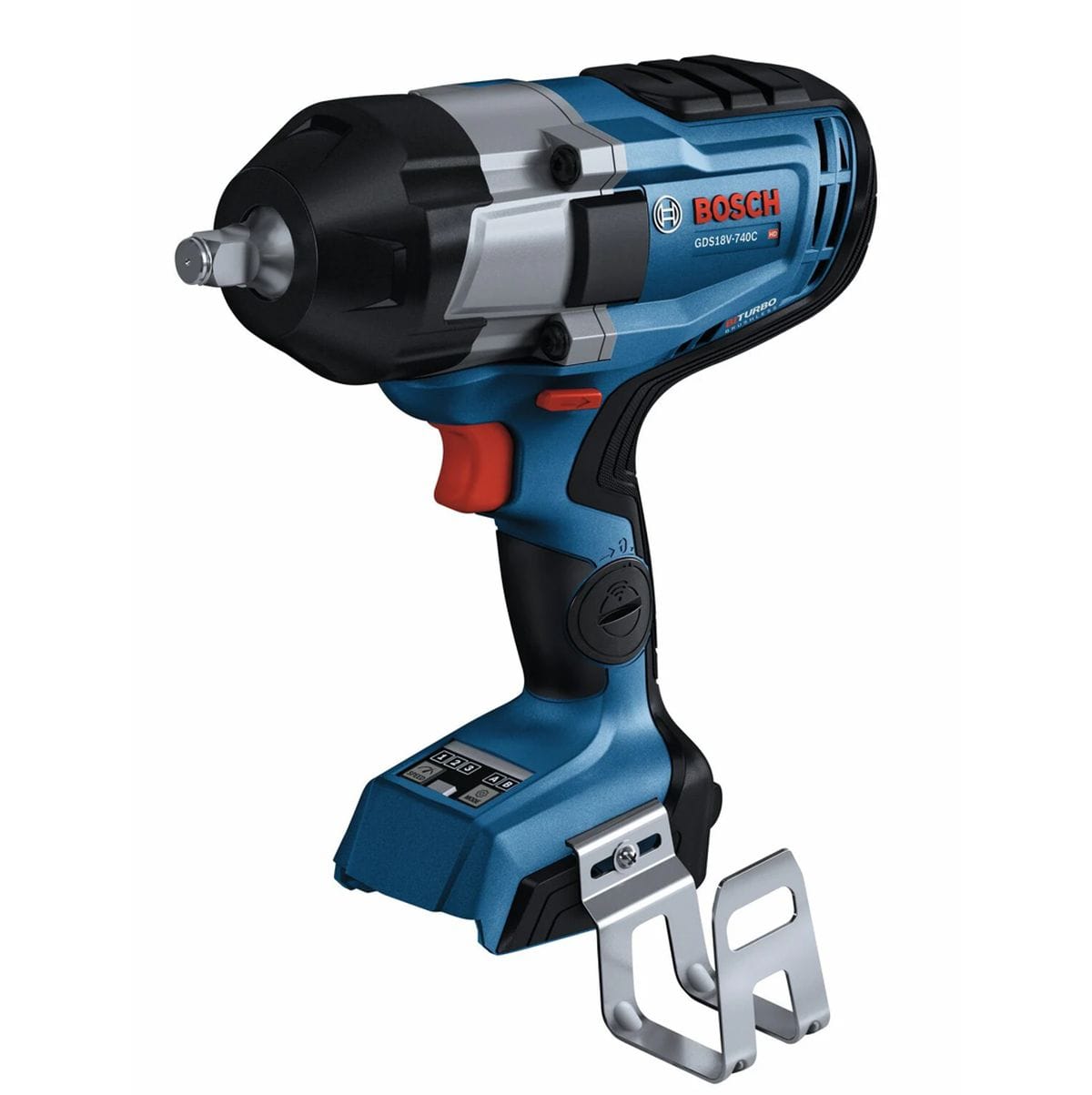 Bosch GDS 18V-1000 C cordless impact wrench with metal anvil, red trigger, and belt clip, designed for high-torque automotive and construction tasks.