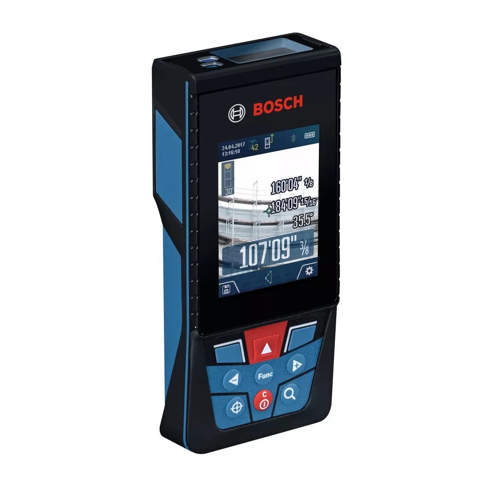 Bosch laser distance measurer screen displays multiple readings including 160'0", 360'4", 35°, and 107'09". Interface includes graphical elements and control buttons for precise measurement in construction or design applications.