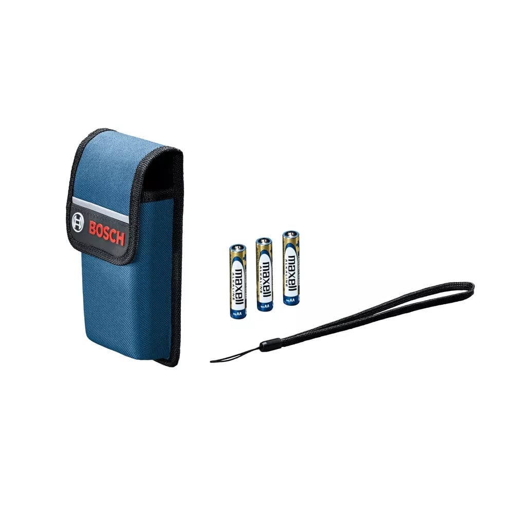 Accessories for Bosch laser measurer laid out, including a blue Bosch-branded carrying case, three AAA alkaline batteries, and a black wrist strap. Items are designed for portability, power, and secure handling.
