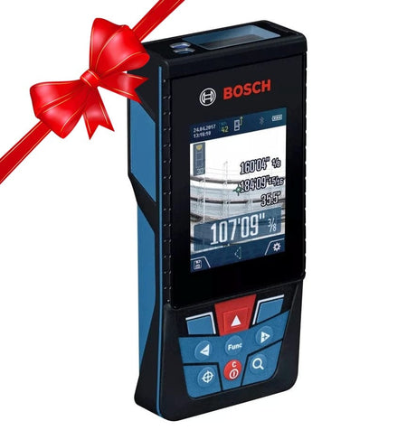 Bosch laser distance measurer screen displays multiple readings including 160'0", 360'4", 35°, and 107'09". Interface includes graphical elements and control buttons for precise measurement in construction or design applications with a red ribbon in the corner