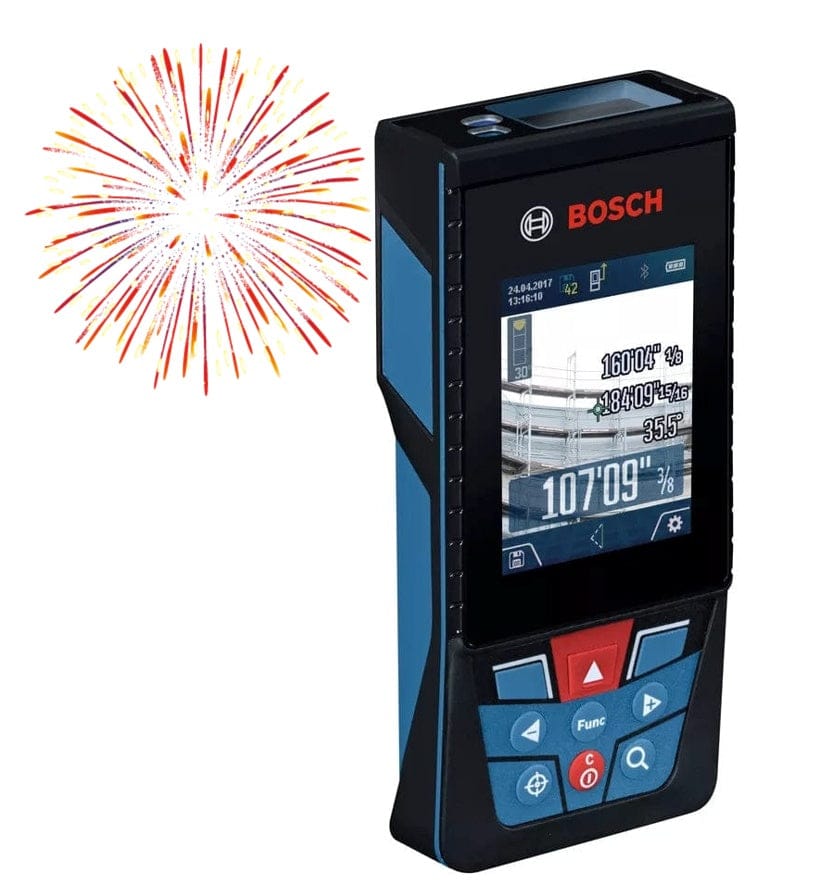 Bosch laser distance measurer screen displays multiple readings including 160'0", 360'4", 35°, and 107'09". Interface includes graphical elements and control buttons for precise measurement in construction or design applications with a fireworks starburst in the corner