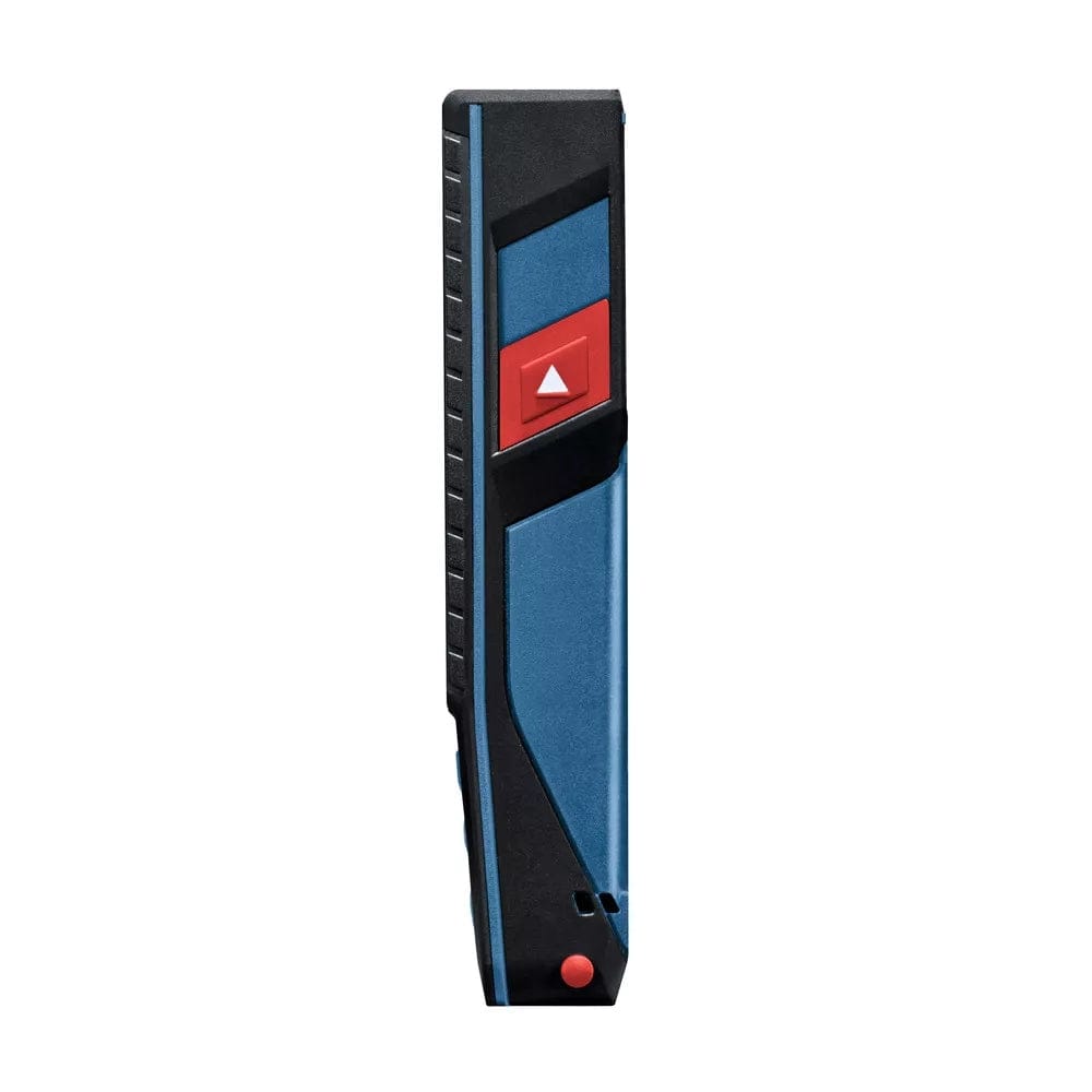 Side view of Bosch laser distance measurer showing blue and black casing, red measurement button, and textured grip. Bottom features additional buttons and sensor openings for enhanced functionality.