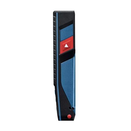 Side view of Bosch laser distance measurer showing blue and black casing, red measurement button, and textured grip. Bottom features additional buttons and sensor openings for enhanced functionality.