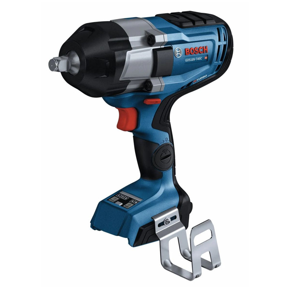 A studio product shot of the Bosch 18V PROFACTOR 1/2-inch high torque impact wrench bare tool, showing the ergonomic grip handle, integrated belt clip, and built-in LED user interface panel near the base against a clean white background.
